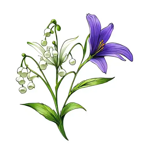 Tattoo with two flowers a lily of the valley and a violet wrapped around together fine line very small tattoo design idea