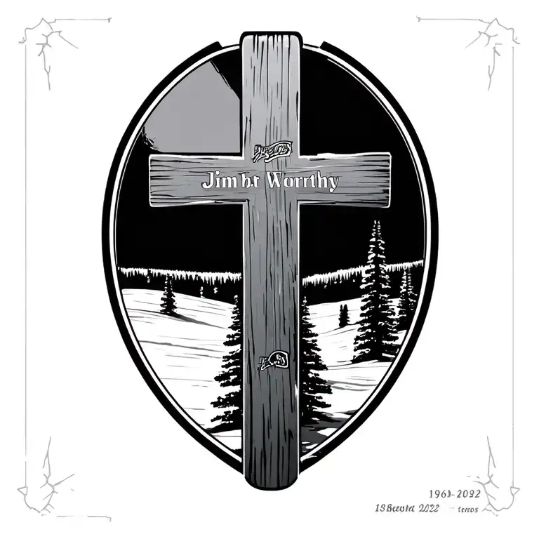 Cross made of race skis in snow memorial piece for Jim Worthy with dates 1965-2022 tattoo design idea