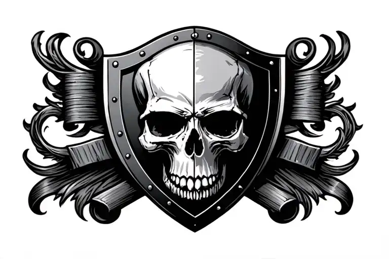 hd bar and shield with skull tattoo design idea