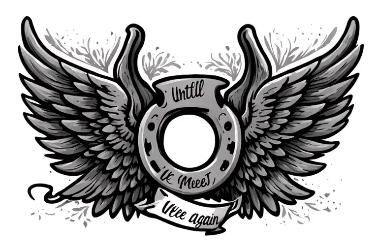 "Untill We Meet Again" horse shoe with wings tattoo design idea