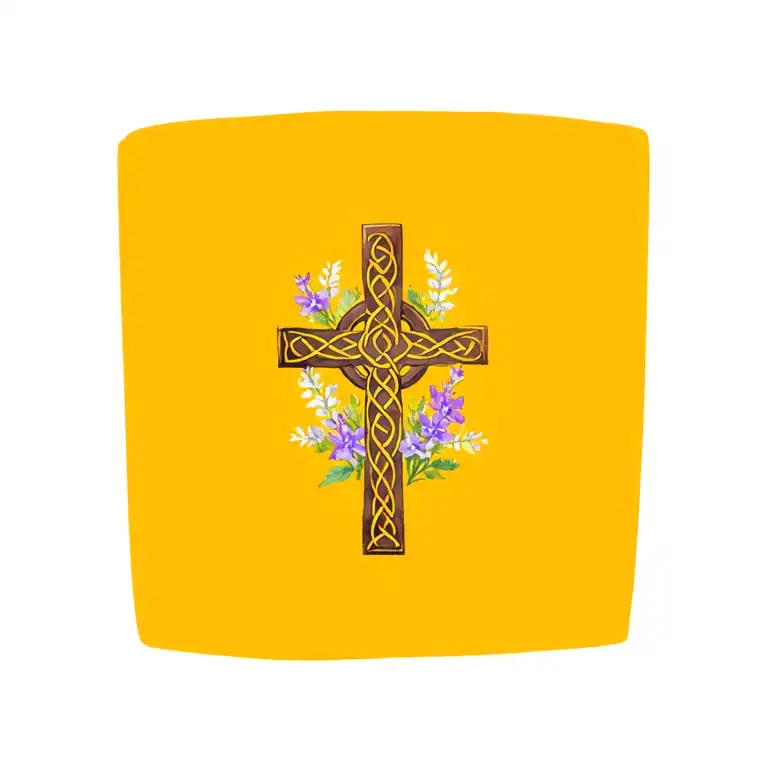 feminine celtic cross with purple & white heather flowers tattoo design idea