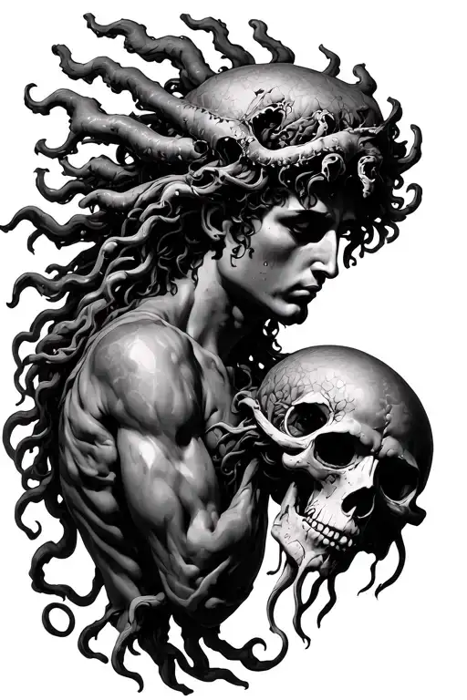 perseus holding medusas head reimagined gothic style tattoo design idea