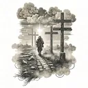 man walking on a path to three crosses with clouds around tattoo design idea