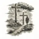 man walking on a path to three crosses with clouds around tattoo design idea