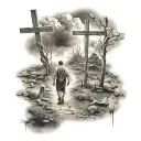 man walking on a path to three crosses with clouds around tattoo design idea