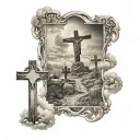 man walking on a path to three crosses with clouds around tattoo design idea