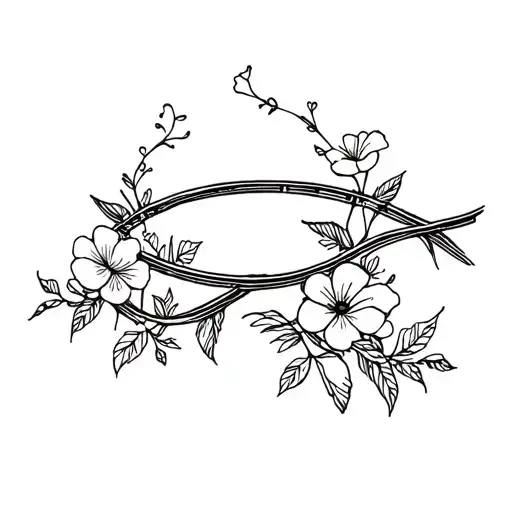 small, minimalistic, line art tattoo with train track, and flowers intertwined tattoo design idea