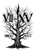 "VII-XV-MCMXC" lightning tree tattoo design idea