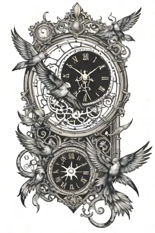 Broken Steam Punk clock face(no hands), morph into birds to symbolize jail time and freedom tattoo design idea