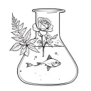 lab beaker filled with water and containing a rose, a daffodil and a fern. a small fish swims in the beaker. fineline  tattoo design idea