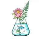 lab beaker filled with water and containing a rose, a daffodil and a fern. a small fish swims in the beaker. fineline  tattoo design idea