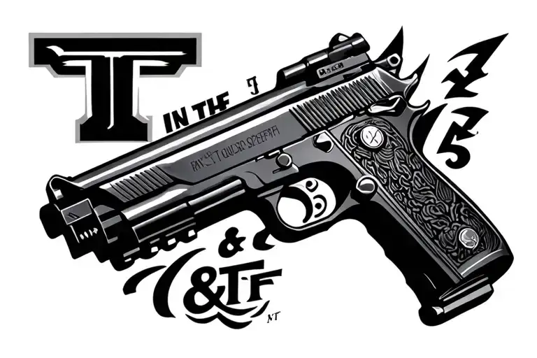 F&N  pistol with extended clip being the T in the OTF tattoo design featuring tattoo design idea
