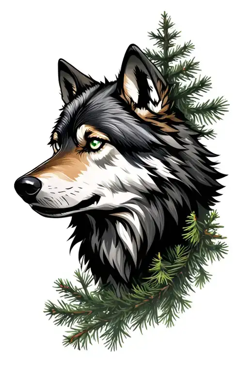 alpha wolfhead, green eyes, pinetrees merges with the head tattoo design idea