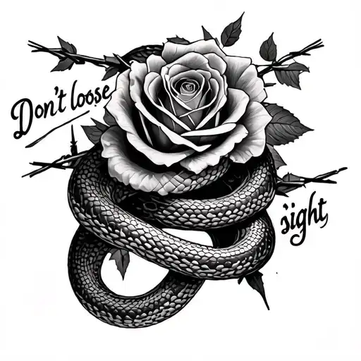 "Dont loose sight" with barbed wire roses and a snake wrapped around tattoo design idea
