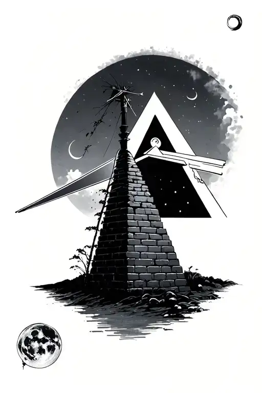 pink floyd stonepole and moon and brickwall and prism tattoo design idea