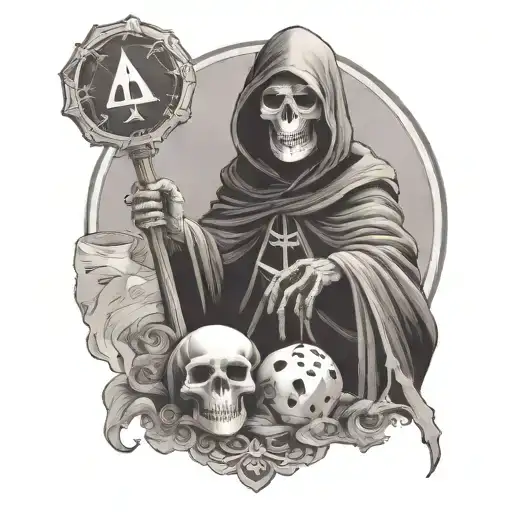 grim reaper with dice and woman posing tattoo design idea