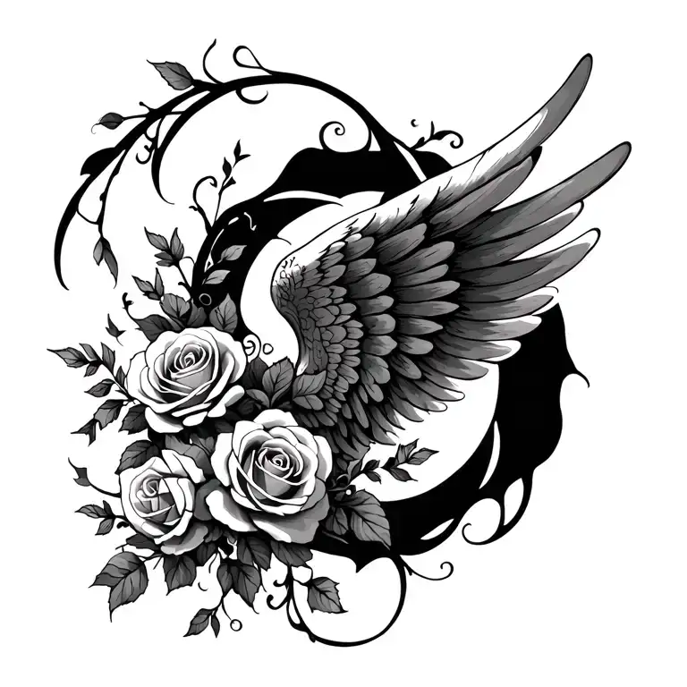 gorgeous wings spread with roses and vines wrapping tattoo design idea