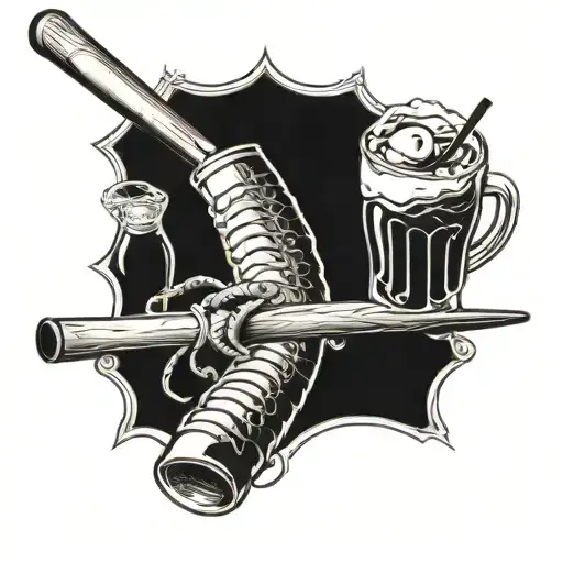 A baseball bat morphing into a fishing rod with a beer mug at the handle tattoo design idea