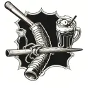 A baseball bat morphing into a fishing rod with a beer mug at the handle tattoo design idea