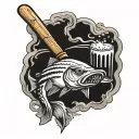 A baseball bat morphing into a fishing rod with a beer mug at the handle tattoo design idea