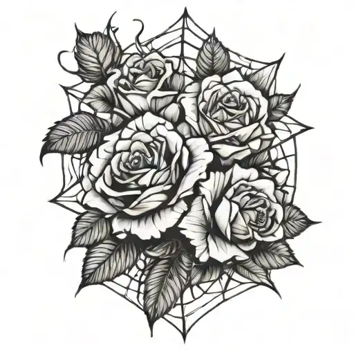 roses and spider web tattoo design idea