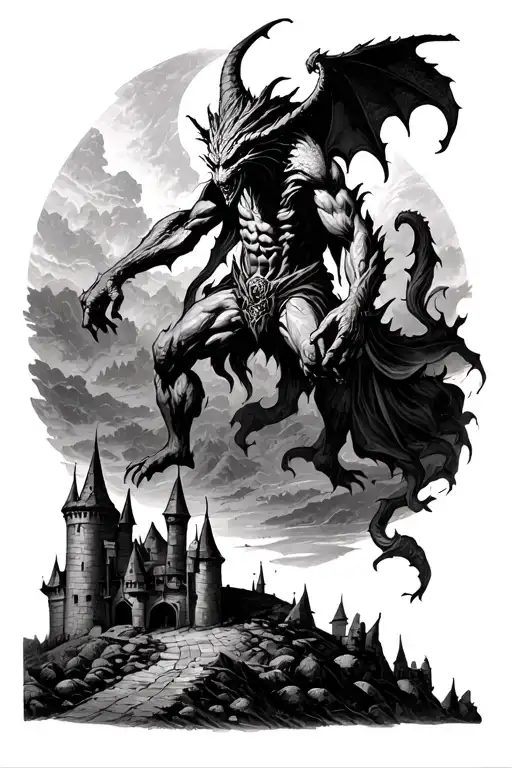 make the demon stand on a piece of land next to the castle tattoo design idea