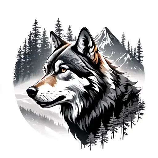 Wolf Forest and mountain landscape with one tattoo design idea