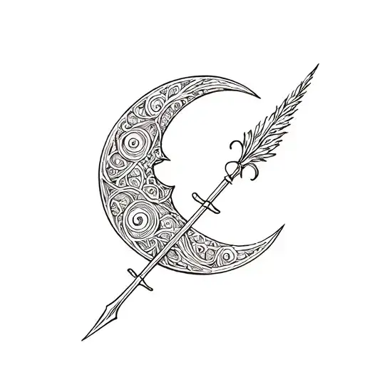 dnd druidic fine line filigree crescent moon with a celestial spear through  tattoo design idea