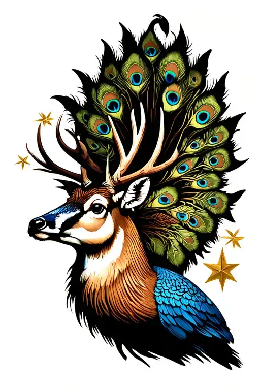 Traditional style, a stags head and neck, a peacock in the foreground with its plumage. Use stars and oak leafs in the d tattoo design idea