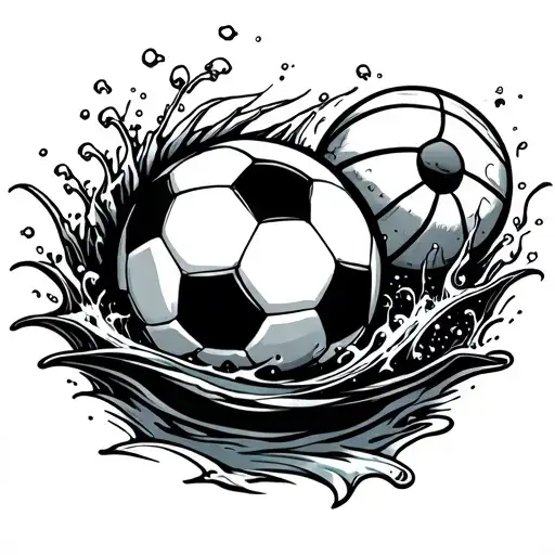 An underwater scene with a soccer ball and basketball floating in the ocean, showcasing the client's love for sports and the beach tattoo design idea