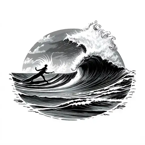 Surf board with waves crashing tattoo design idea