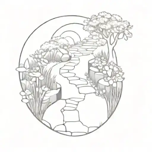 small trail with cobblestone path  with flowered and space to put words no house  tattoo design idea
