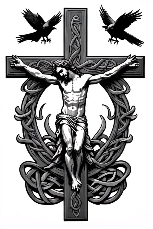 jesus on celtic cross with crows perched and flying with claws no background tattoo design idea
