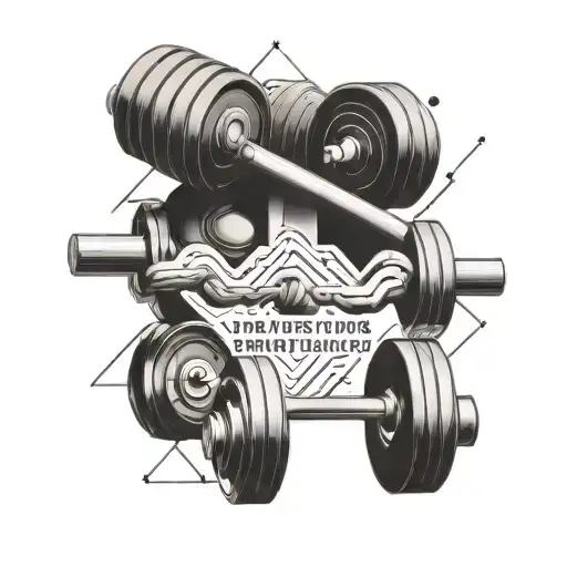 A geometric design incorporating elements of weightlifting equipment, such as dumbbells and barbells, with a motivational quote about strength and perseverance tattoo design idea