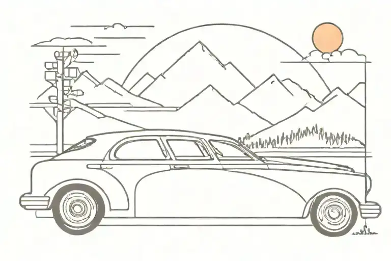90s style car with a road leading to a sunset and mountains tattoo design idea
