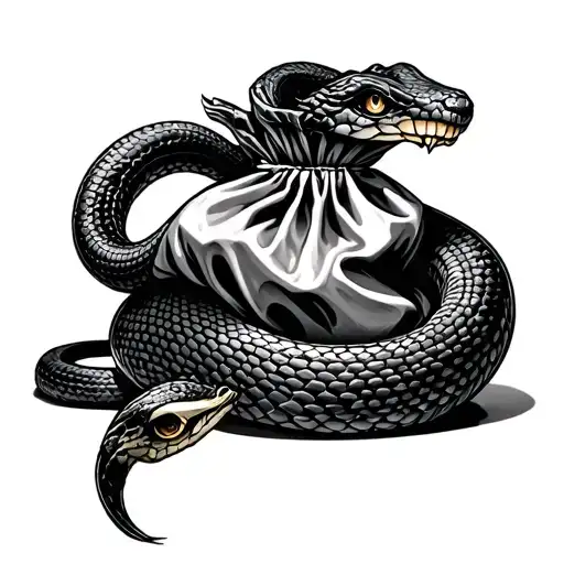 snake shaped like money into bag tattoo design idea