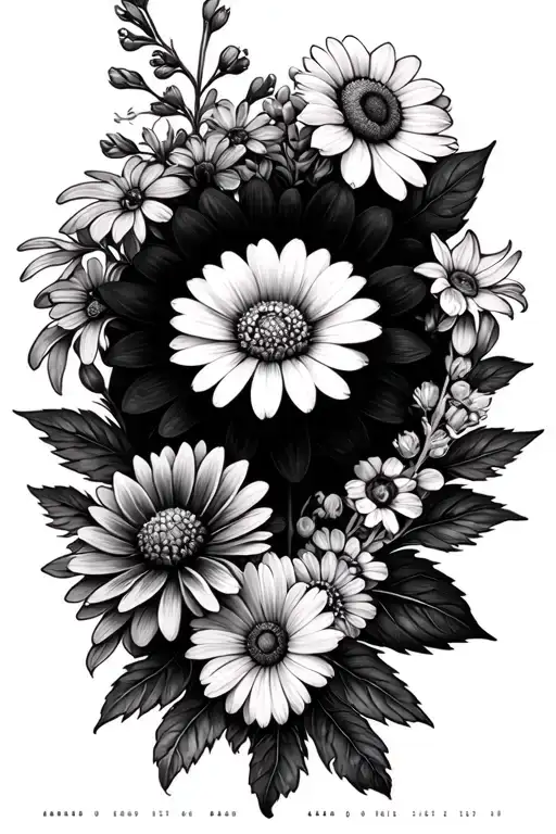 dainty flowers (daisys, lilacs, snapdragons, dahlias) with morse code family tattoo design idea