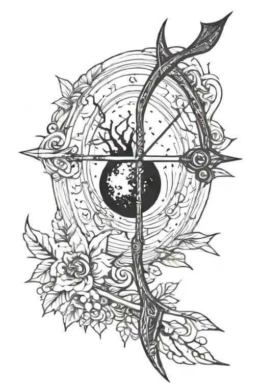 Moon bow burning arrow made from flute tattoo design idea