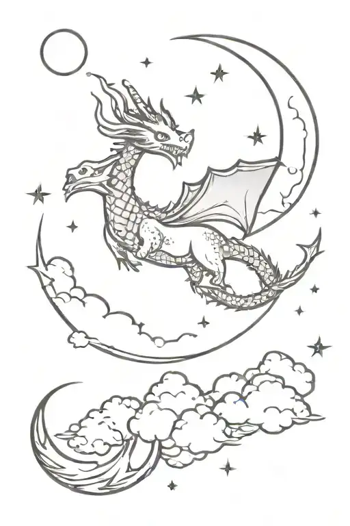 an whimsical smokey night sky with stars and a moon in the sky a very small fine line dragon flying tattoo design idea