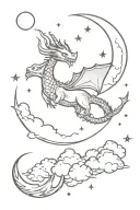 an whimsical smokey night sky with stars and a moon in the sky a very small fine line dragon flying tattoo design idea
