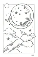 an whimsical smokey night sky with stars and a moon in the sky a very small fine line dragon flying tattoo design idea