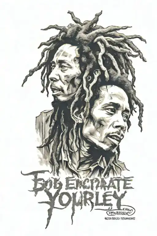 bob marley with qoutes "emancipate youself from mental slavery none but ourselves can free our mind" tattoo design idea