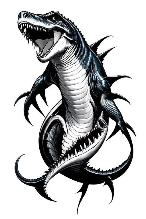 mosasaurus vs megalodon bio mechanical tattoo design idea