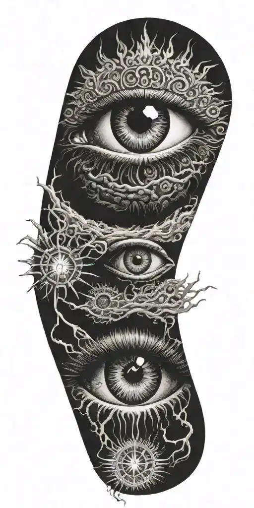eye and fire,sun. electricity, florida psycedelic tattoo design idea