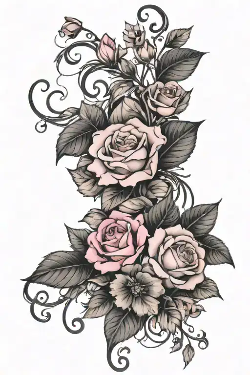 Pink and black flowers with vines and leaves on thigh tattoo design idea
