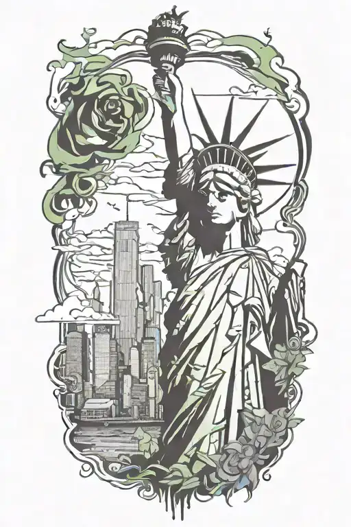 nyc skyline with statue of liberty face anime inspired tattoo design idea