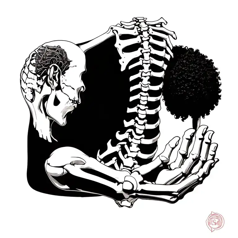 Generate my spine tattoo  a bone arm with a curve in it that looks like scoliosis and a hand that goes around to the fro tattoo design idea