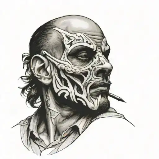 man holding mask in front of him in bent arm Bust portrait tattoo design idea