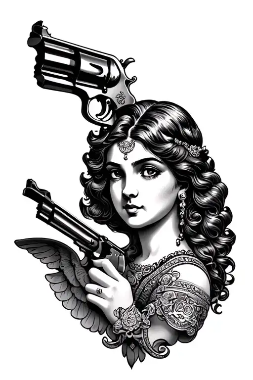 cherub and Chicano woman head and revolver under the manton tattoo design idea