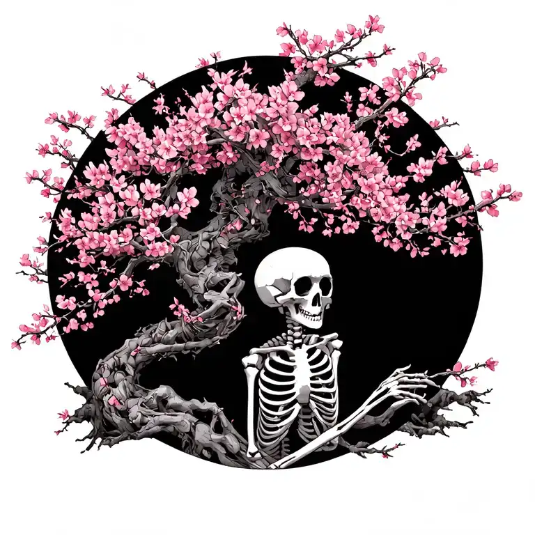 japanise cherry blossom skeleton tree intertwined within tattoo design idea